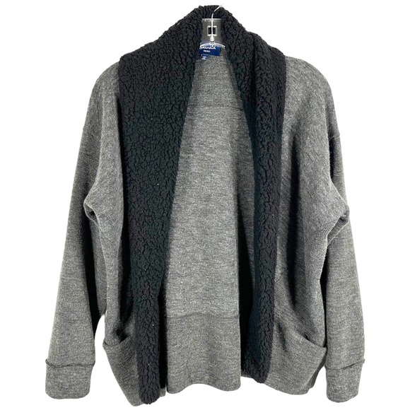 Splendid Small Coat Sweater Gray Faux Fur Trim‎ Black Open Front Pockets 1491 - Picture 1 of 10